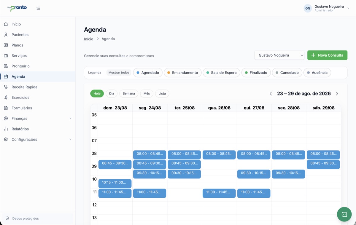 Agenda semanal do DataPronto com as consultas distribuídas por dia e horário, e a legenda de status do atendimento.